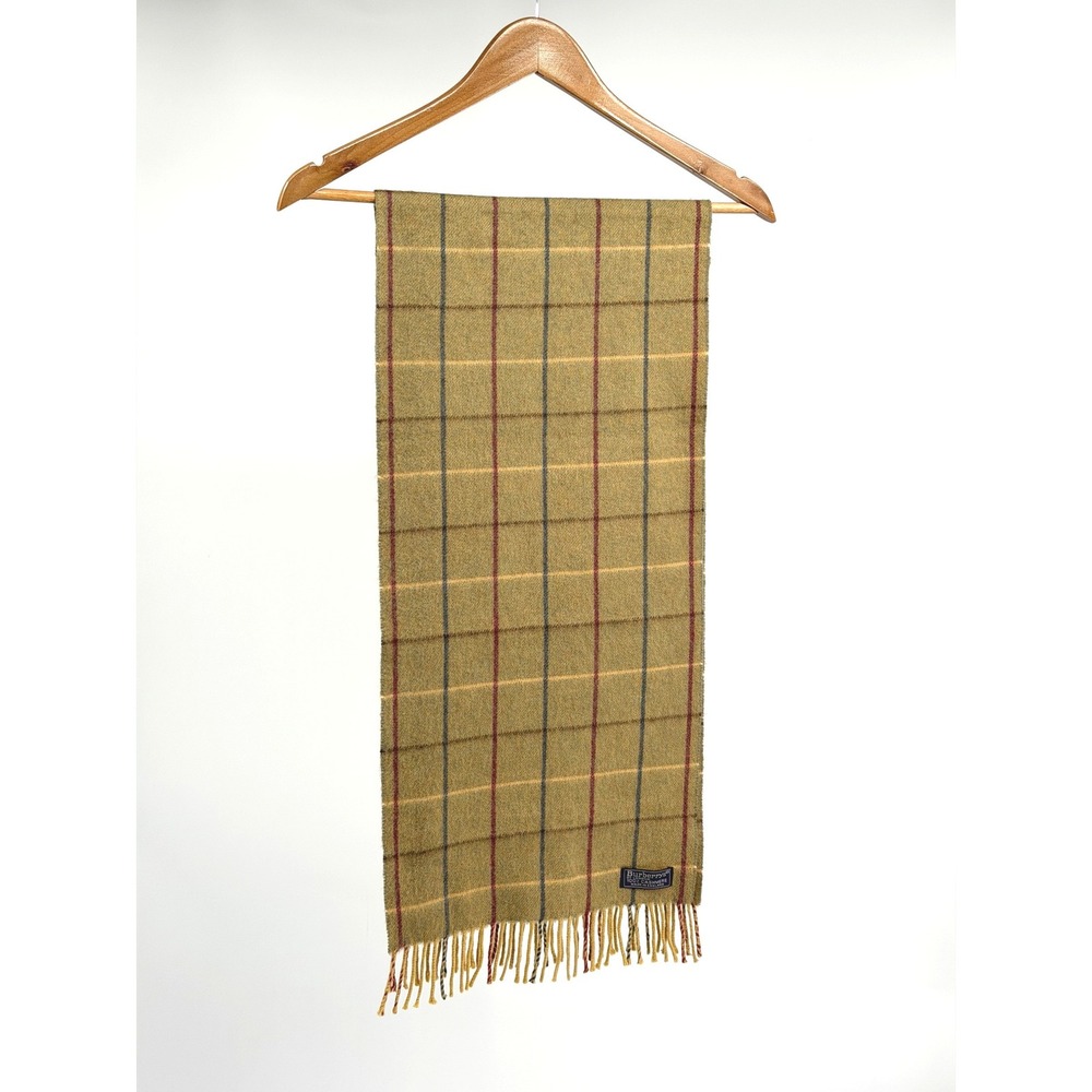 Burberrys Vintage Scarf 100% Cashmere Tan Plaid Made England Fringe 56x12